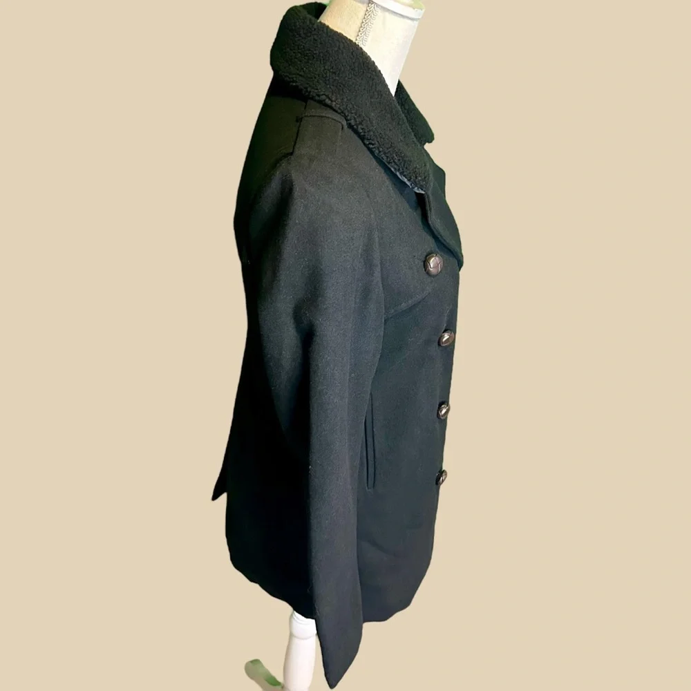 NWT Members Only Fur Collar Black Wool-Blend Double-Breasted Pea Coat Sz Small